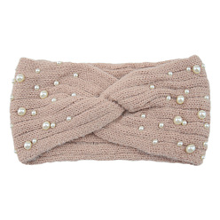 Rosy Brown Acrylic Fiber Knitted Yarn Warmer Headbands, with Plastic Imitation Pearl, Soft Stretch Thick Cable Knit Head Wrap for Women, Rosy Brown, 210x110mm