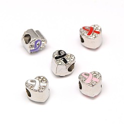 Mixed Color Platinum Plated Alloy Rhinestone European Beads, Large Hole Heart Beads with Enamel Breast Cancer Awareness Ribbon, Mixed Color, 9.5x9.5x8.5mm, Hole: 4mm