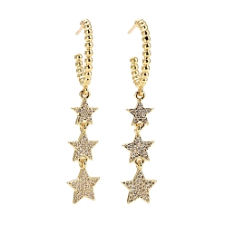 Clear C-Shape with Stars Cubic Zirconia Dangle Stud Earrings, Real 18K Gold Plated Brass Long Drop Half Hoop Earrings for Women, Lead Free & Cadmium Free, Clear, 48x19mm, Pin: 0.8mm