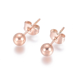 Rose Gold Ion Plating(IP) 304 Stainless Steel Stud Earrings, Ball Stud Earrings, with Earring Backs, Rose Gold, 16x5mm, Pin: 0.8mm