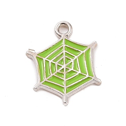 Yellow Green Alloy Enamel Pendants, Platinum, Spider Web Charm, Yellow Green, 20x16x1mm, Hole: 2mm