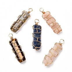 Mixed Stone Natural Mixed Gemstone Pendants, with Real 18K Gold Plated Eco-Friendly Copper Wire, Rectangle, 33x10x5~6mm, Hole: 4mm
