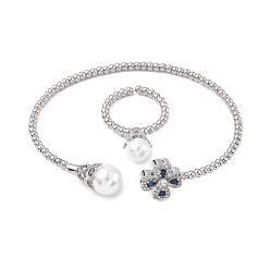 Темно-Синий Комплекты колец и браслетов-манжет с клевером из латуни с микропаве из кубического циркония для женщин, с акриловой жемчужины, стойки покрытие, платина, темно-синий, браслет: 3~13ширина мм, внутренний диаметр: 63x54 мм