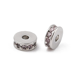 Pink Стойки обшивки латунь микро проложить кубического циркония бусы, долговечный, без свинца и без кадмия, Плоский круглый / диск, Реальная платина, розовые, 6x2.3 мм, отверстие : 1.6 мм
