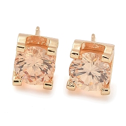 Фора Серьги-гвоздики из латуни с кубическим цирконием, квадратный, долговечный, шампанское золото, оранжевые, 7x8 мм