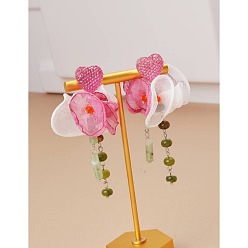 pink Temperament heart-shaped earrings jade beaded tassel earrings retro sweet fabric flower earrings earrings