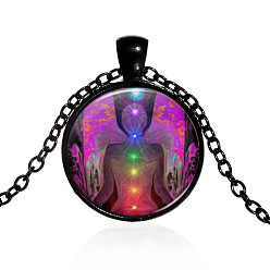 Electrophoresis Black Chakra Theme Yoga Human Glass Pendant Necklace, Alloy Jewelry for Women, Electrophoresis Black, 15.75 inch~19.72 inch(40~50.1cm)