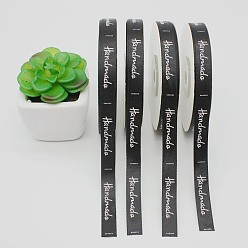 Black Printed Polyester Ribbons, Garment Accessory, Word Handmade, Black, 3/8 inch(10mm), about 25 yards/roll