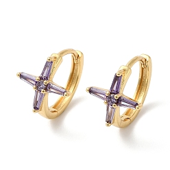 Medium Purple Cross Cubic Zirconia Cuff Earrings, Real 18K Gold Plated Brass Jewelry for Women, Cadmium Free & Lead Free, Medium Purple, 17x15x12mm, Pin: 1mm