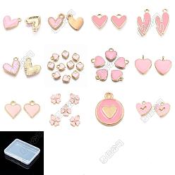 Pink 130 pcs 12 styles pendentifs en émail en alliage, crémaillère plaquage, breloques cœur et trèfle, or, rose, 8.5~21x7.5~16x1.2~3.5mm, Trou: 1.5~2mm