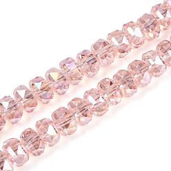 Pink Galvanisieren Glasperlen, Rondell, facettiert, ab vernickelt, rosa, 7~8x4.5~5 mm, Bohrung: 1.2~1.4 mm, ca. 79~81 Stk. / Strang, 15.35~15.94'' (39~40.5 cm)