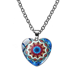 Dodger Blue Glass Heart with Mandala Flower Pendant Necklace, Platinum Alloy Jewelry for Women, Dodger Blue, 19.69 inch(50cm)