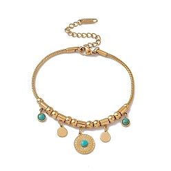 Round Synthetic Turquoise Charm Bracelet with Round Snake Chains, 304 Stainless Steel Jewelry for Women, Golden, Round Pattern, Flat Round: 14x12x3mm, 7-1/8 inch(18cm)