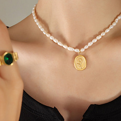 P1332 - Golden Necklace - 35+7cm Minimalist Rose Flower Pearl Pendant Necklace with Titanium Steel Collarbone Chain for Women