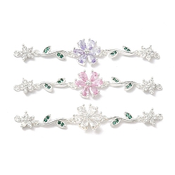 (52) Непрозрачная лаванда Шармы-соединители из латуни с паве из кубического циркония, цветок ссылки, для изготовления аксессуаров для волос, серебряный цвет гальваническим, разноцветные, 60x12x3 мм, отверстие : 0.8 мм