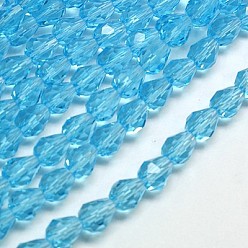 Deep Sky Blue Glass Beads Strands, Faceted, Drop, Deep Sky Blue, 12x8mm, Hole: 1mm, about 56~58pcs/strand, 25~27 inch