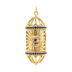 Blue Brass Bead Cage Pendants, Column with Cubic Zirconia, Golden, Blue, 46x16mm