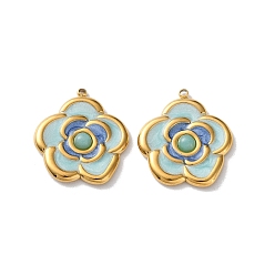 Небесно-голубой Крашеные натуральный белый нефрит подвески, 304 подвески-цветы из нержавеющей стали с эмалью, реальный 18 k позолоченный, вакуумное покрытие pvd, голубой, 24.5x21.5x3.5 мм, отверстие : 1.4 мм