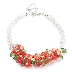 Tomato Flower Glass Beaded Link Bracelet with Alloy Clasps for Women, Tomato, 9-1/2 inch(24cm)