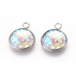 Seashell Color Resin Pendants, with 304 Stainless Steel Finding, Flat Round with Mermaid Fish Scale Shaped, Stainless Steel Color, Seashell Color, 18x14x3.5mm, Hole: 2mm