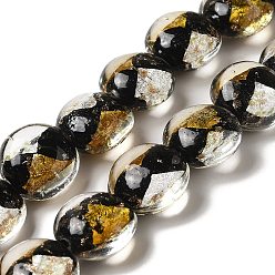 Black Handmade Gold Sand and Silver Sand Lampwork Flat Round Beads, Black, 14~14.5x8.5~9mm, Hole: 1.6~1.8mm