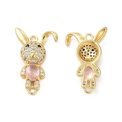 Misty Rose Rack Plating Brass Micro Pave Clear Cubic Zirconia Connector Charms, Rabbit Links, with Faceted Glass, Cadmium Free & Lead Free, Real 18K Gold Plated, Misty Rose, 28x17x4.5mm, Hole: 1.8mm