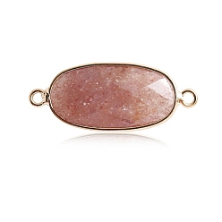 Strawberry Quartz Natural Strawberry Quartz Connector Charms, with Golden Tone Brass Edge, Faceted, Oval Links, 22x12mm