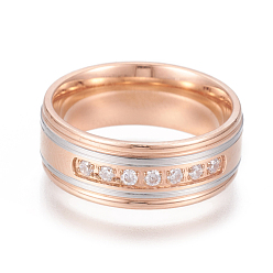 Rose Gold & Stainless Steel Color 304 Stainless Steel Finger Rings, with Cubic Zirconia, Wide Band Rings, Clear, Rose Gold & Stainless Steel Color, Size 7~10, 17~20mm