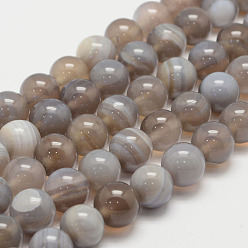 Gray Natural Striped Agate/Banded Agate Bead Strands, Round, Grade A, Light Grey, 10mm, Hole: 1mm, about 37~38pcs/strand, 14.5 inch