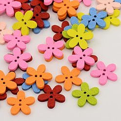 Mixed Color Wooden Buttons, Dyed, 2-Hole, Flower, Mixed Color, 15x15x2mm, Hole: 1mm