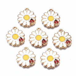White Eco-Friendly Alloy Enamel Pendants, Cadmium Free & Lead Free & Nickel Free, Light Gold, Flower with Beetle, White, 18.5x17x3mm, Hole: 1.5mm