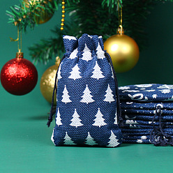 Marine Blue Christmas Theme Linenette Drawstring Bags, Rectangle with Christmas Tree Pattern, Marine Blue, 18x13cm