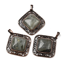 Лабрадорита Подвески в форме ромба из натурального лабрадорита, с винтажной латунной рамкой красного медного оттенка, 39x36.5x7~8 мм, отверстие : 8.5x5 мм