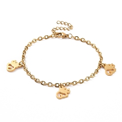 Golden 304 Stainless Steel Elephant Charm Bracelet with Cable Chains for Women, Golden, 7-1/8 inch(18cm)