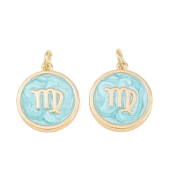 Virgo Brass Enamel Pendants, Flat Round & Constellation Charms, Rack Plating, Long-Lasting Plated, Cadmium Free & Lead Free, Golden, Virgo Charms, 17.5x15x2mm, Hole: 3mm