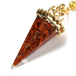 Красный Камень Большие подвески-маятники из натуральной красной яшмы и биолокации из смолы, с реечной накладкой из латуни с золотистым напылением, без свинца и без кадмия, шестиугольный конус, 300~305 мм