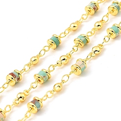 Real 18K Gold Plated Synthetic Regalite/Imperial Jasper Column & Flat Round Link Chain, with Brass Findings, Soldered, with Spool, Lead Free & Cadmium Free, Real 18K Gold Plated, 13.5x5mm, 8.5x3.5x3mm