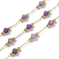 Amethyst Ion Plating(IP) Real 18K Gold Plated 316 Stainless Steel Paperclip Chains, with Faceted Round Natural Amethyst Beaded, with Spool, Soldered, 3mm