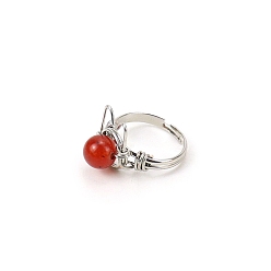 Red Agate Natural Red Agate Adjustable Ring, Cat Shape Platinum Brass Wire Wraped Ring, Wide: 8mm