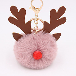Thistle Christmas Deer Antler Pom-Pom Keychain with Plush Elk Charm for Women's Handbag Gift