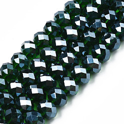 Dark Green Glass Beads Strands, Pearl Luster Plated, Crystal Suncatcher, Faceted Rondelle, Dark Green, 12x8mm, Hole: 1mm, about 68~70pcs/strand, 22.83 inch~23.23 inch(58~59cm)