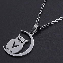 Stainless Steel Color 201 Stainless Steel Pendants Necklaces, with Cable Chains and Lobster Claw Clasps, Halloween Theme, Owl with Moon, Stainless Steel Color, 17.71 inch(45cm), 1.5mm