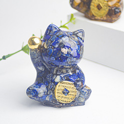 Lapis Lazuli Resin Fortune Cat Display Decoration, with Natural Lapis Lazuli Chips inside Statues for Home Office Decorations, 55x40x60mm