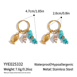 Fish Морская тема 304 серьги-кольца из нержавеющей стали, реальный 18 k позолоченный, С камнями, рыба, 47x20 мм