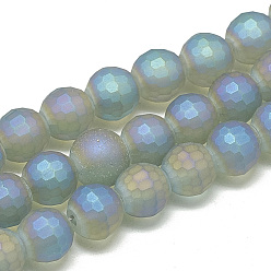 Cornflower Blue Electroplate Glass Beads Strands, Frosted Style, Faceted Round, Cornflower Blue, 10x9mm, Hole: 1.5mm, about 70pcs/strand, 25.2 inch