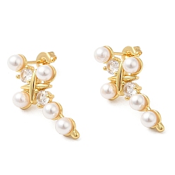 Real 16K Gold Plated Cubic Zirconia Cross Stud Earrings with ABS Imitation Pearl Beaded, Brass Earrings, Real 16K Gold Plated, 26.5x13.5mm