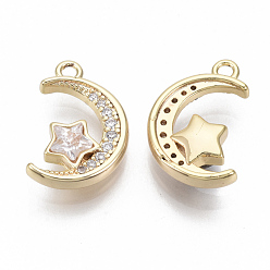 Real 18K Gold Plated Brass Micro Pave Cubic Zirconia Pendants, Nickel Free, Moon with Star, Clear, Real 18K Gold Plated, 15.5x10x3.5mm, Hole: 1.4mm