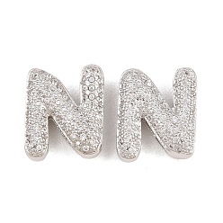 Letter N Латунные микропаве из прозрачного кубического циркония, без кадмия и без свинца, стойки покрытие, долговечный, платина, Письмо N, 14x12x5.2 мм, отверстие : 2.3x11 мм