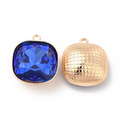Sapphire K9 Glass Pendants, with Light Gold Brass Finding, Square Charms, Sapphire, 20x17.5x8.5mm, Hole: 1.6mm
