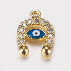 Real 18K Gold Plated Long-Lasting Plated Brass Micro Pave Cubic Zirconia Enamel Charms, Real 18K Gold Plated, Horseshoe with Evil Eye, 13.5x10x2mm, Hole: 0.5mm